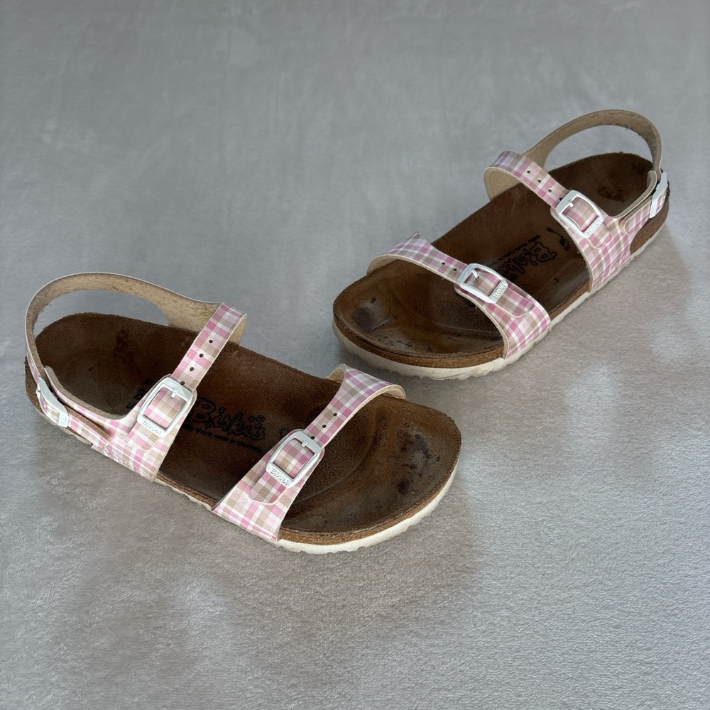 Birkenstock Birkis Pink Cream Plaid Sandals with Back Strap EU 37 READ